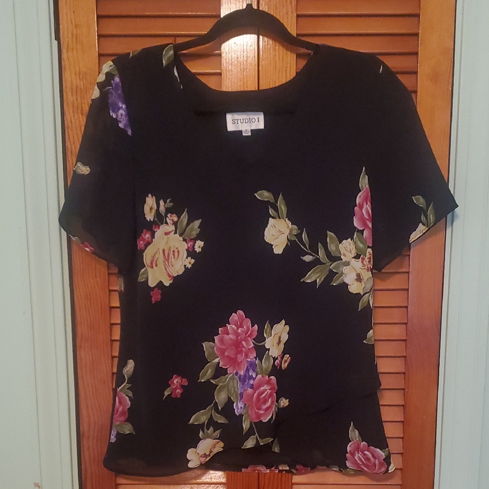 Studio I Black Top with Vibrant Floral Design